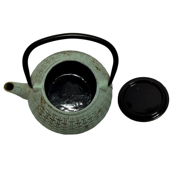 VTG JAPANESE TETSUBIN CAST IRON TEAPOT GREEN BASKET WEAVE DSIGN 7.5" X 4.5" - Picture 3 of 5
